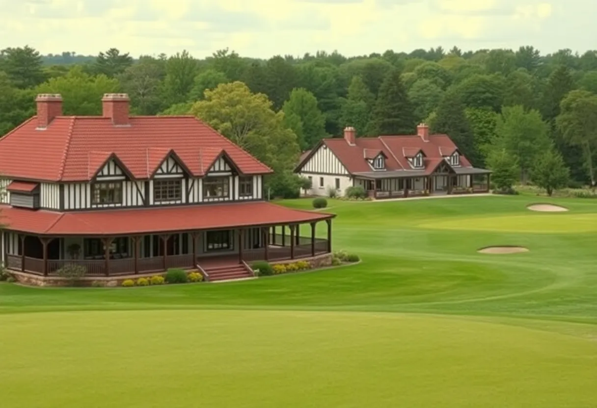 View of a traditional golf course with a club house in the background, representing exclusivity.