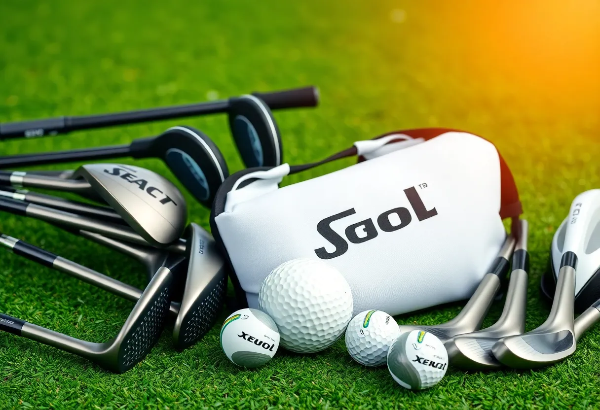 Collection of premium golf gear including drivers and accessories on a golf course