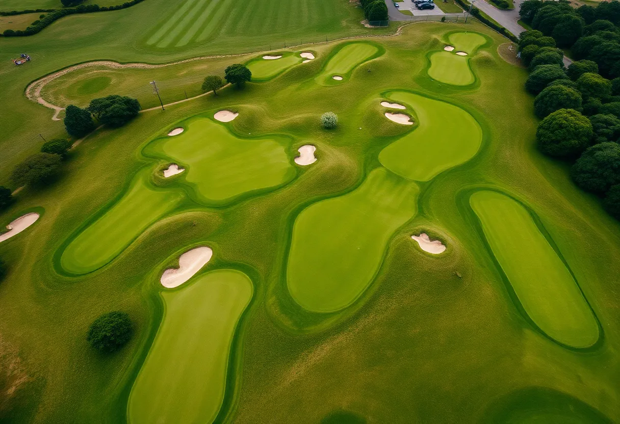 Aerial view of Prestwick Golf Club showcasing historic greens