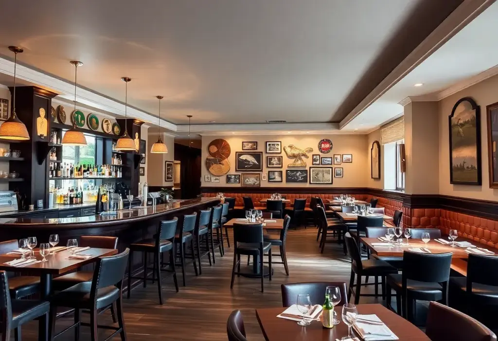 Interior of the newly renovated Tap Room at Pebble Beach featuring modern decor and golf memorabilia.