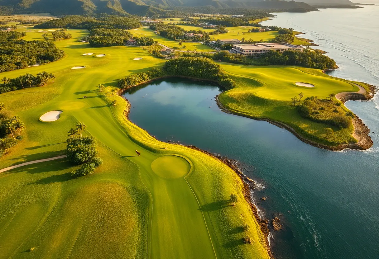 Aerial view of Reserva Conchal Golf Course with ocean and mountains.