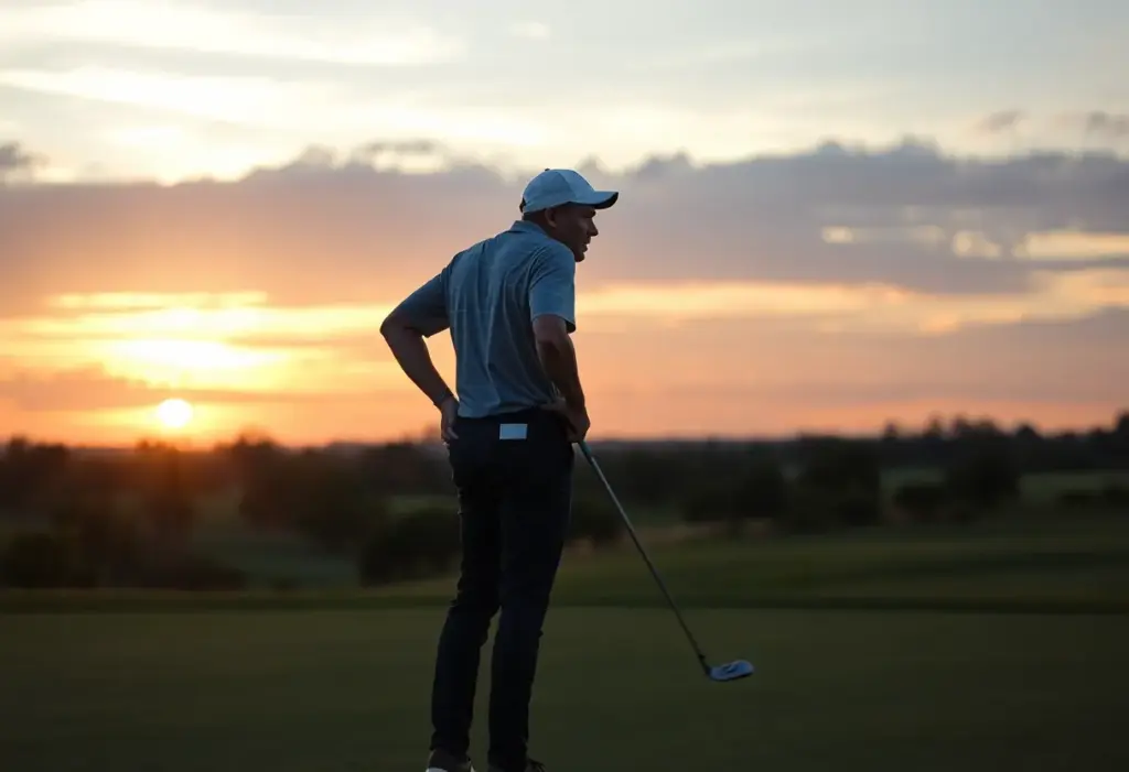 Golfer standing resolutely on the course at sunset.