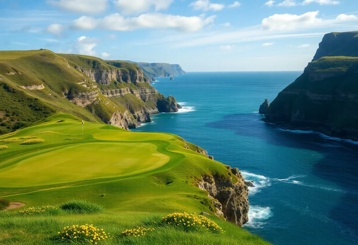 Scenic view of Royal Portrush golf course with coastal cliffs
