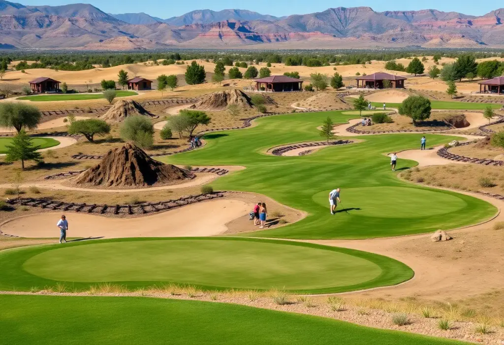 A scenic view of the Sand Creek golf course with families enjoying a game.