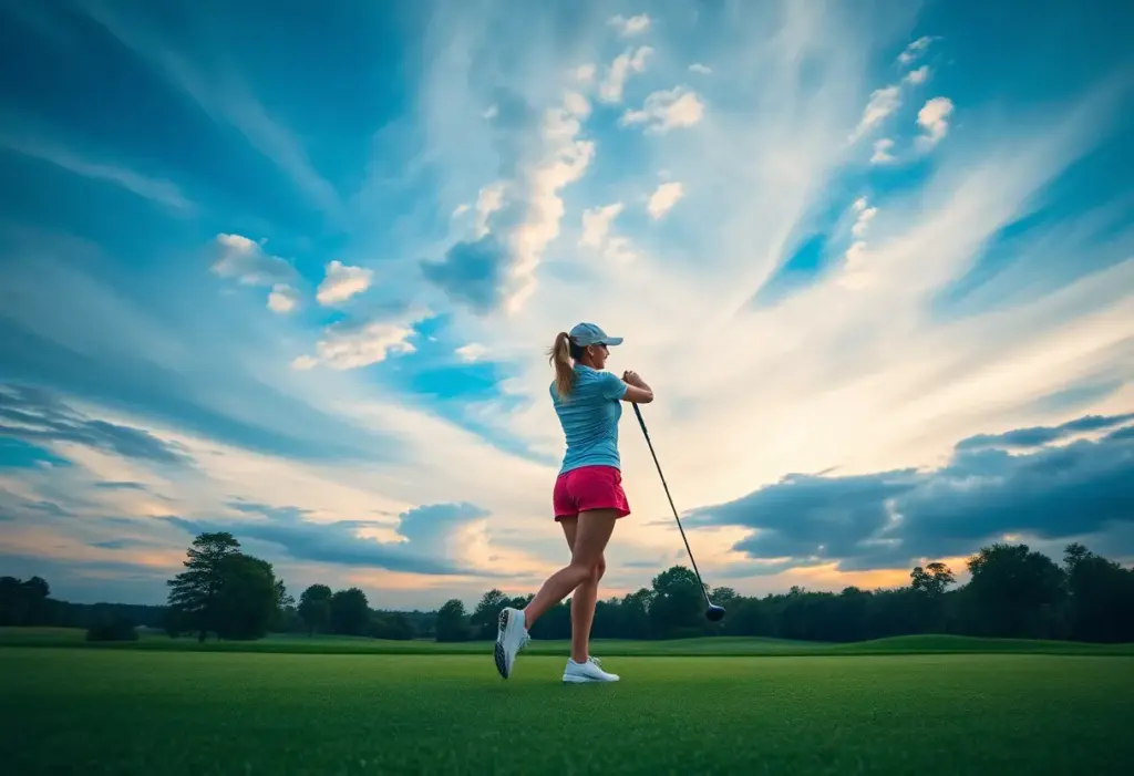 Female golfer celebrating on the golf course with a beautiful landscape in the background.