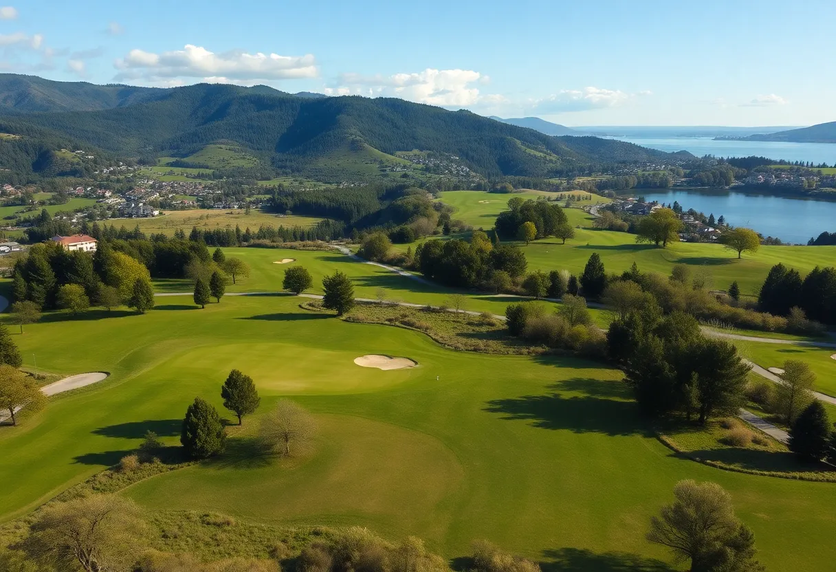 A picturesque view of Shoop Park Golf Course with greenery and a lake