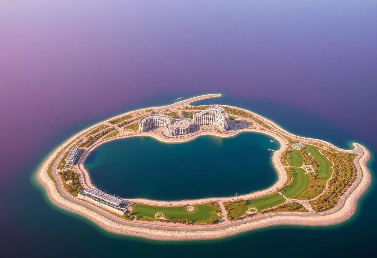 Aerial view of Shura Island featuring luxurious hotels and a golf course.