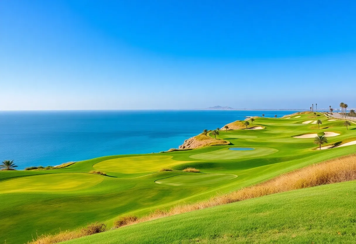 Stunning view of Shura Links Golf Course with Red Sea background