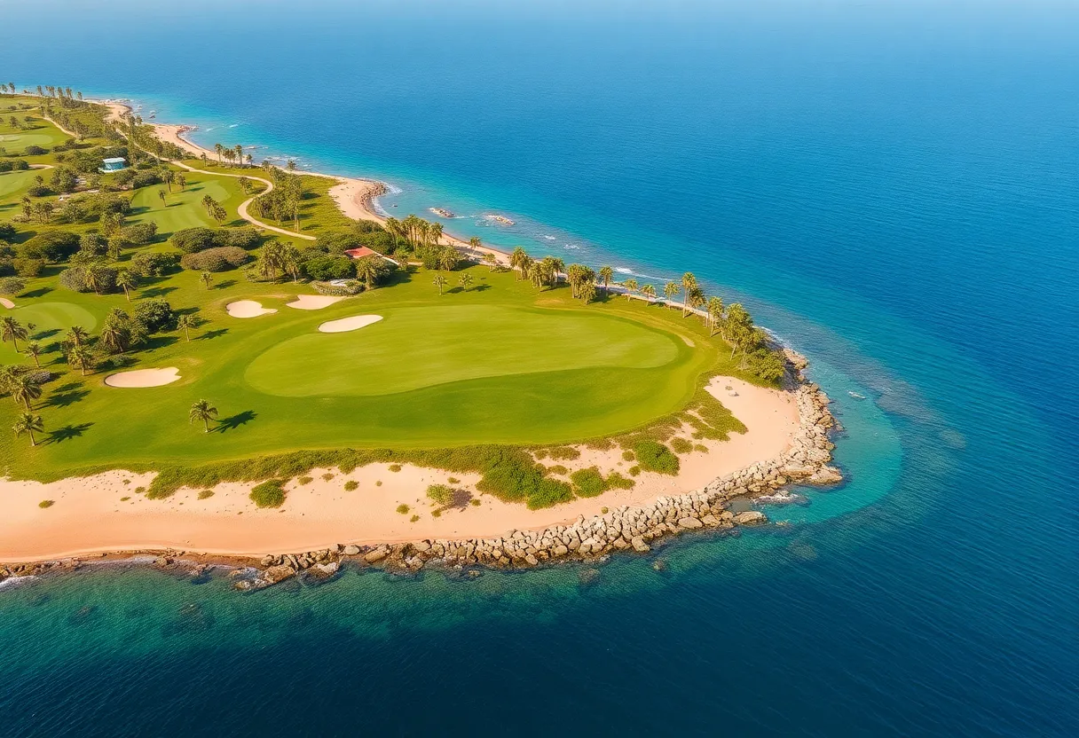 A panoramic view of Shura Links Golf Course with ocean views
