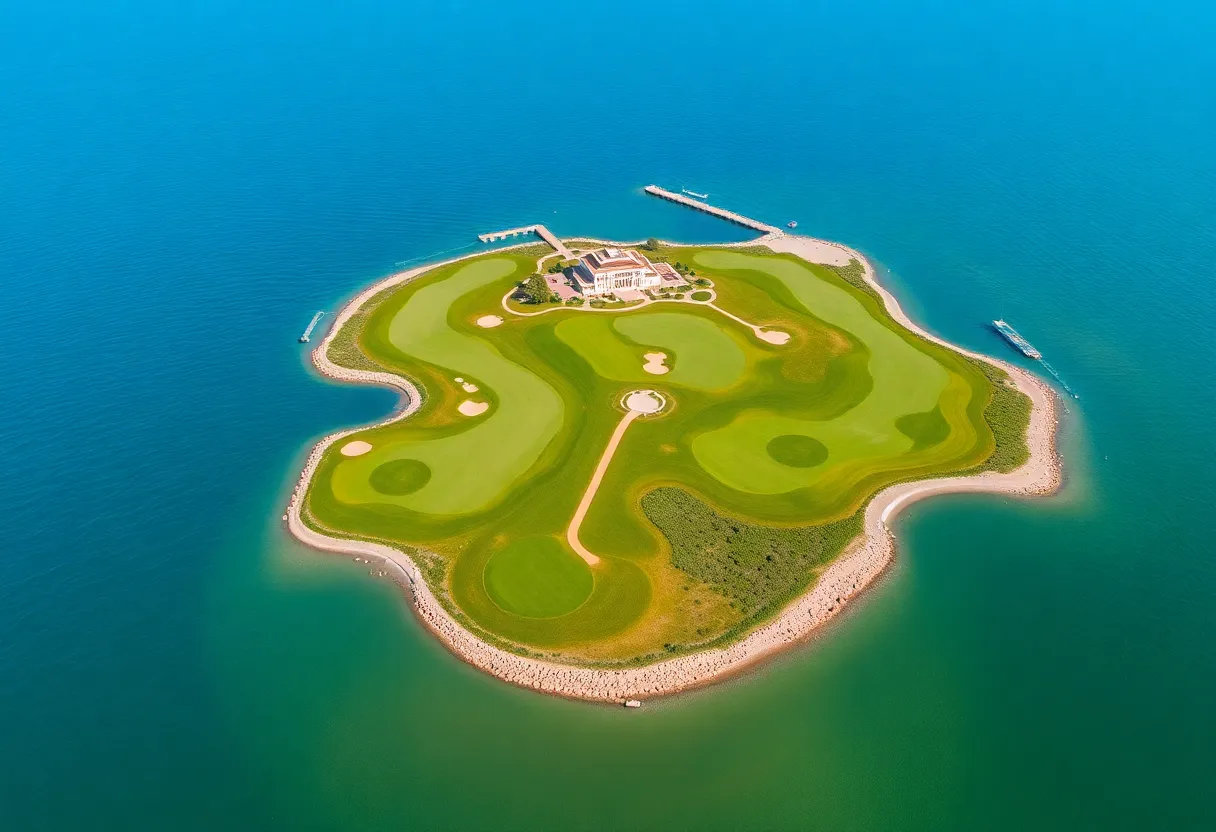 Aerial view of Shura Links, an island golf course on the Red Sea