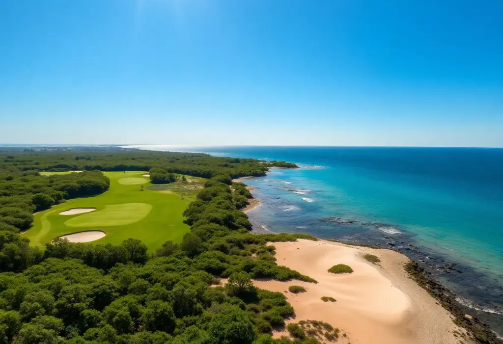 Coastal golf course on Shura Island with native trees and dunes