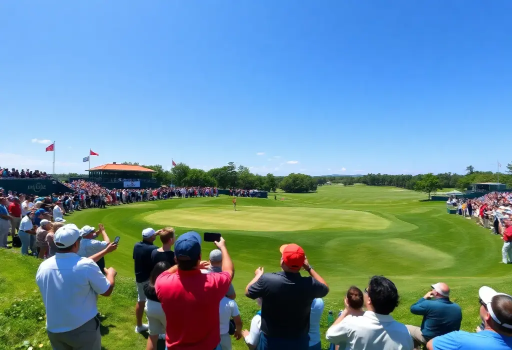 Golfers competing at the Spanish Open with enthusiastic fans in the background.