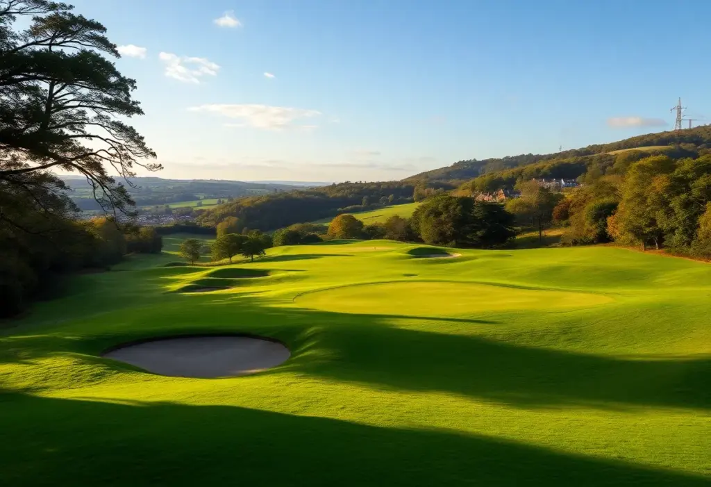 A scenic view of a golf course surrounded by lush greenery and picturesque landscapes.