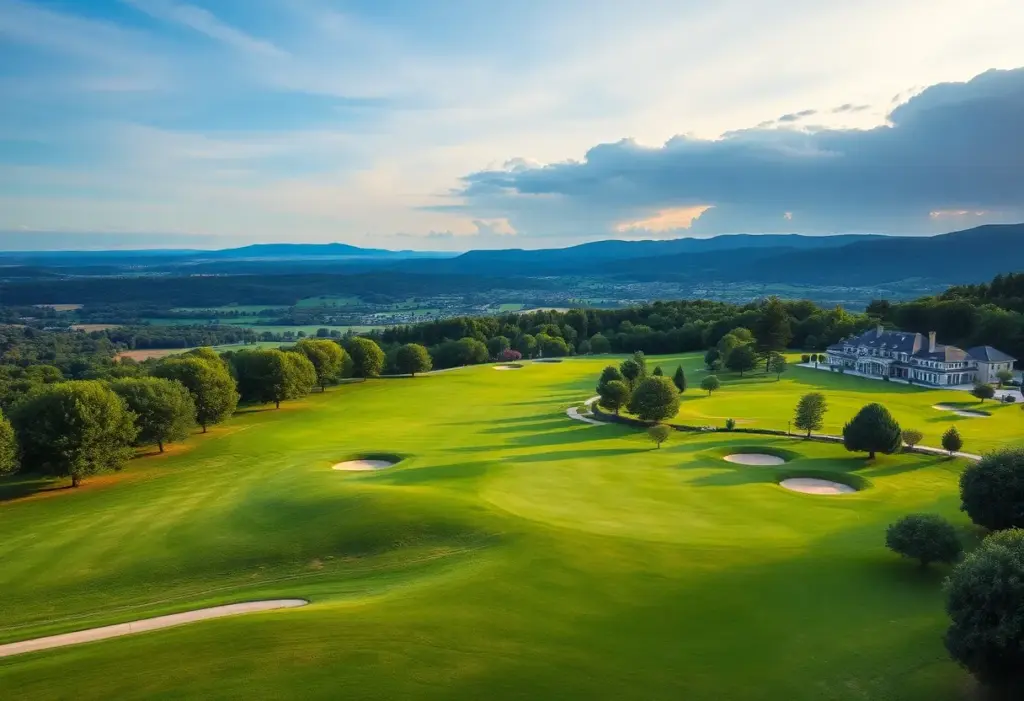 Beautiful view of the Terre Blanche Golf Resort with golf course and hotel