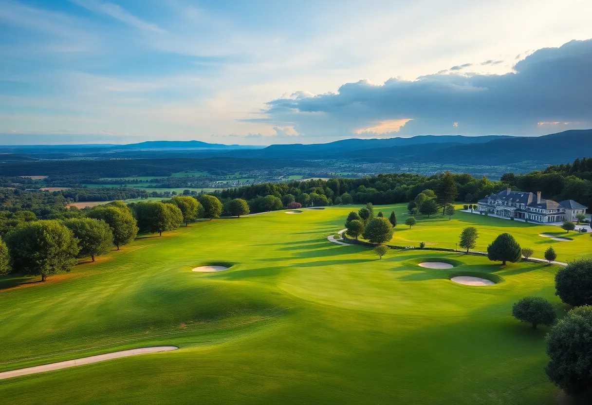 Beautiful view of the Terre Blanche Golf Resort with golf course and hotel