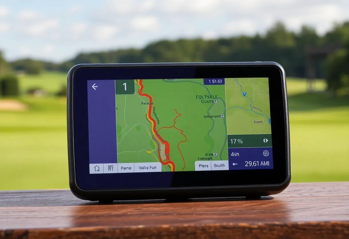The Caddie GPS device with an 8-inch screen on a golf course