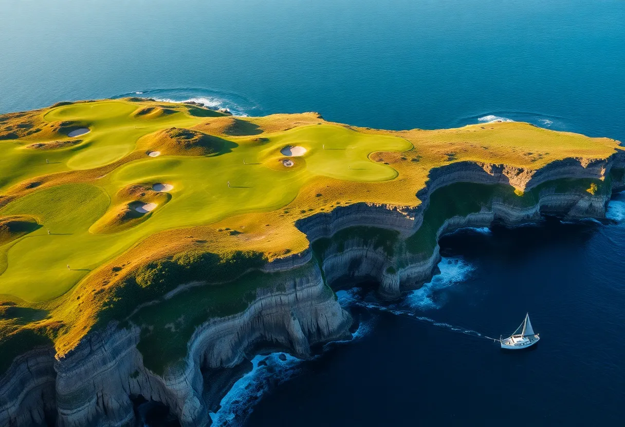 Aerial view of The Keep Golf Course showcasing green fairways and cliffs