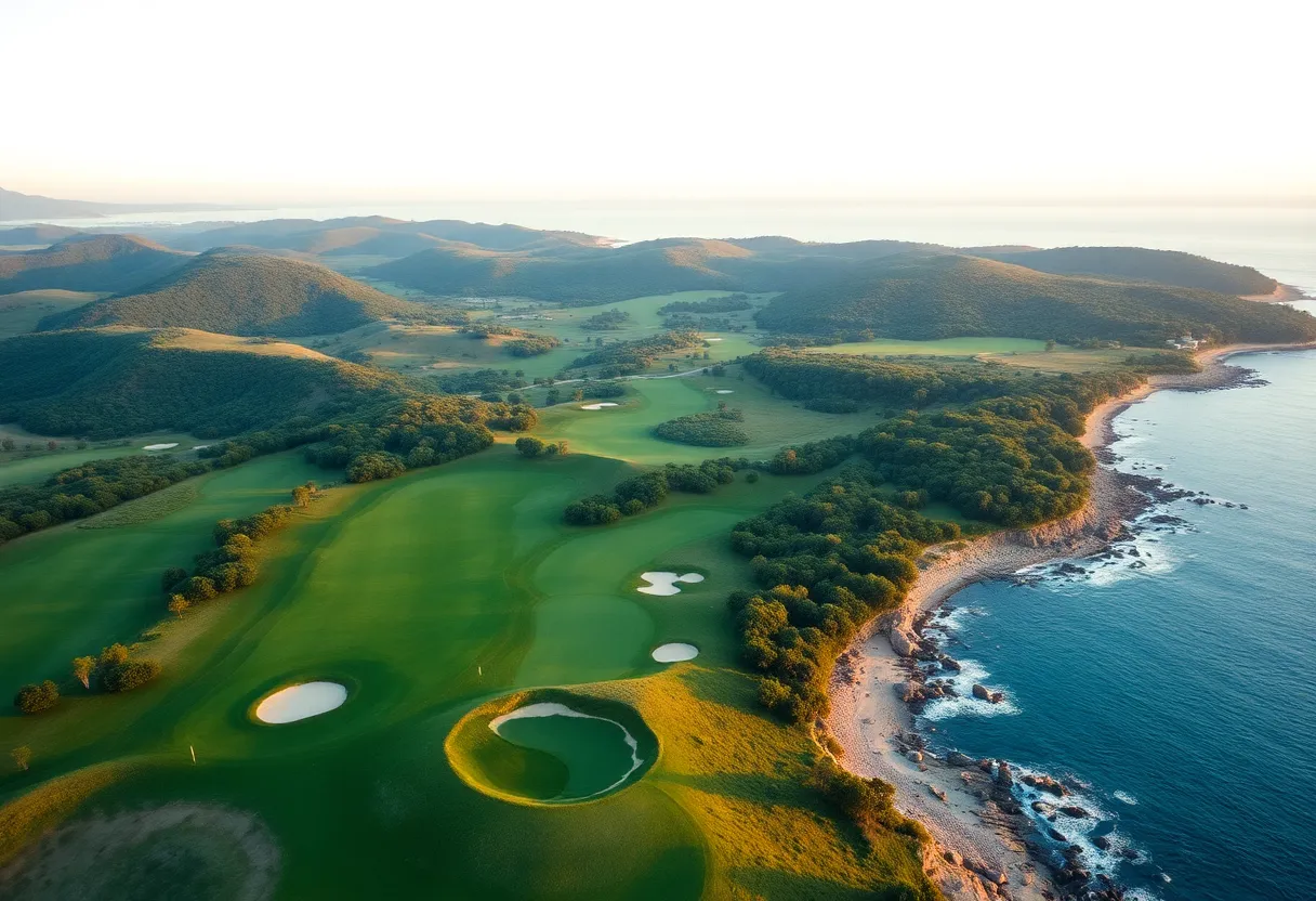 Aerial view of The Machrie Golf Course on Isle of Islay showing greenery and putting course.