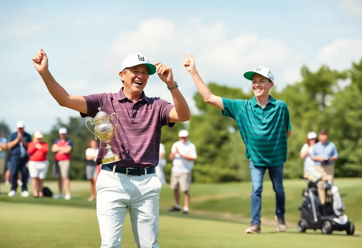 Father and son celebrating on a golf green after a championship victory.