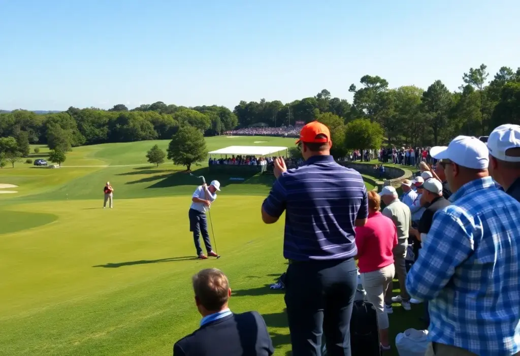 A golfer celebrating their win on a scenic golf course