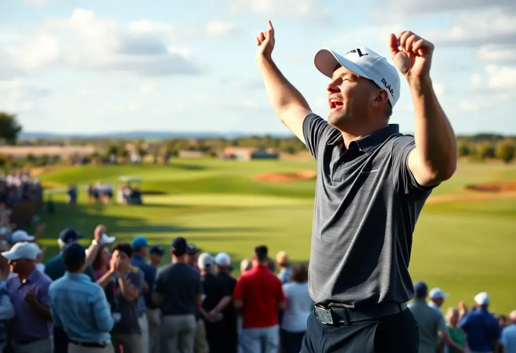 Golfer celebrating victory with fans in the background