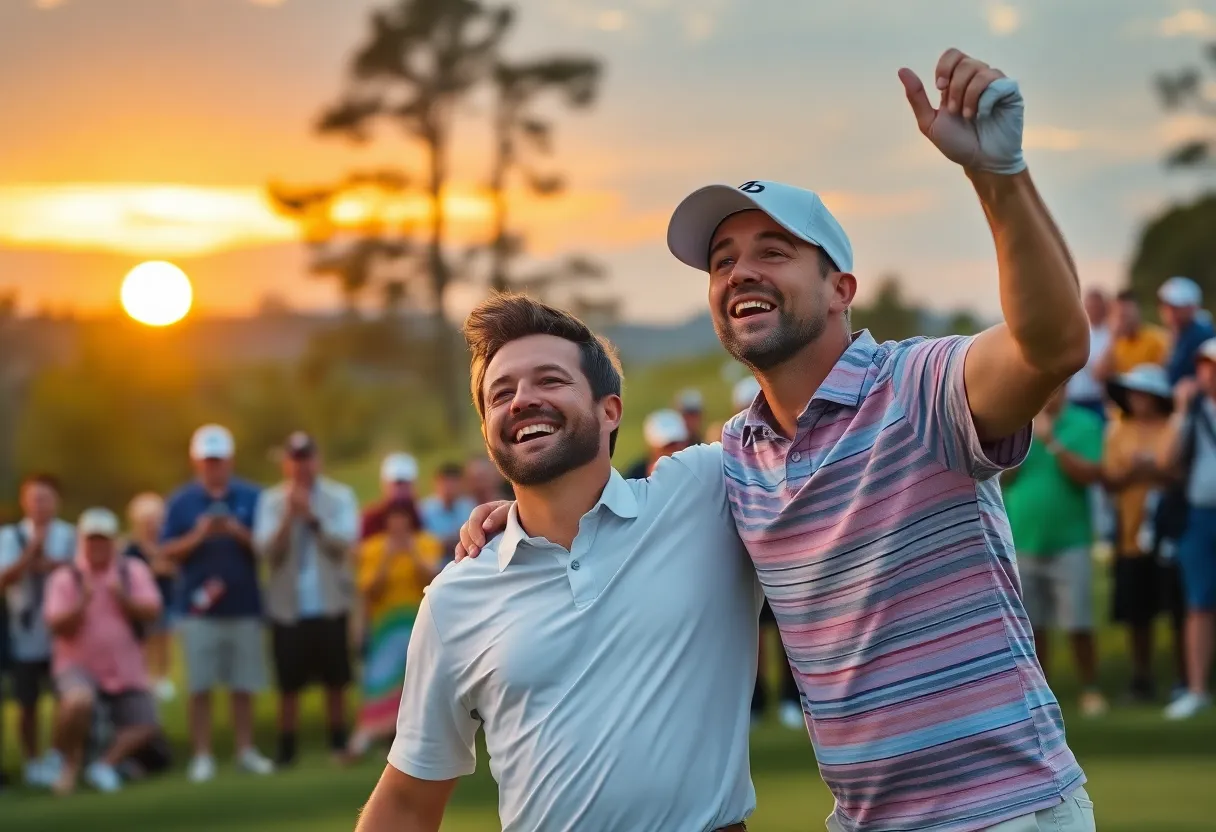 Father and son celebrating together on a golf course