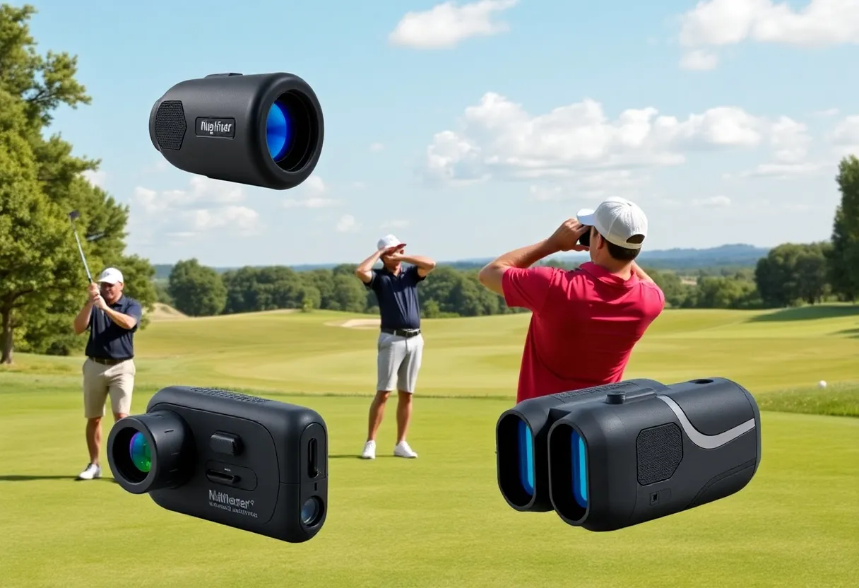 Golfers using rangefinders on a golf course