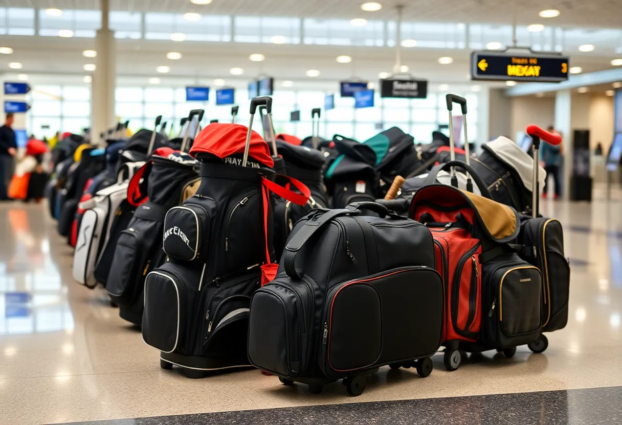 Variety of golf travel bags displayed for selection