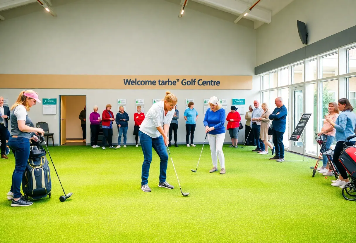 A group of women enjoying golf at Trafford Golf Centre, promoting female inclusivity in the sport.