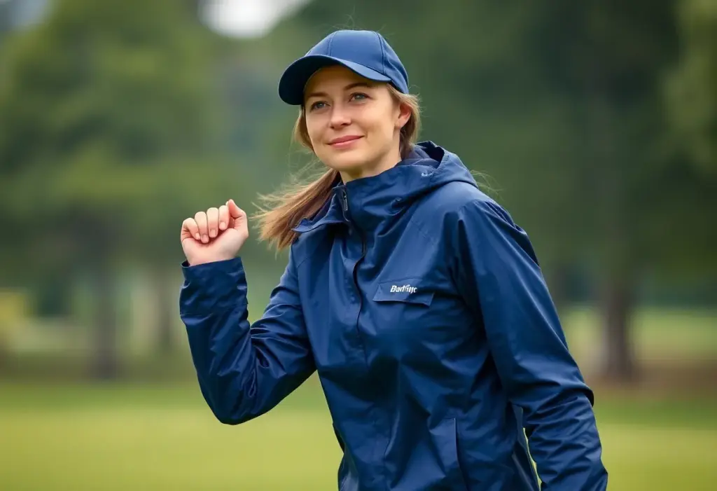 Female golfer wearing Under Armour women's Drive Rain jacket in wet weather