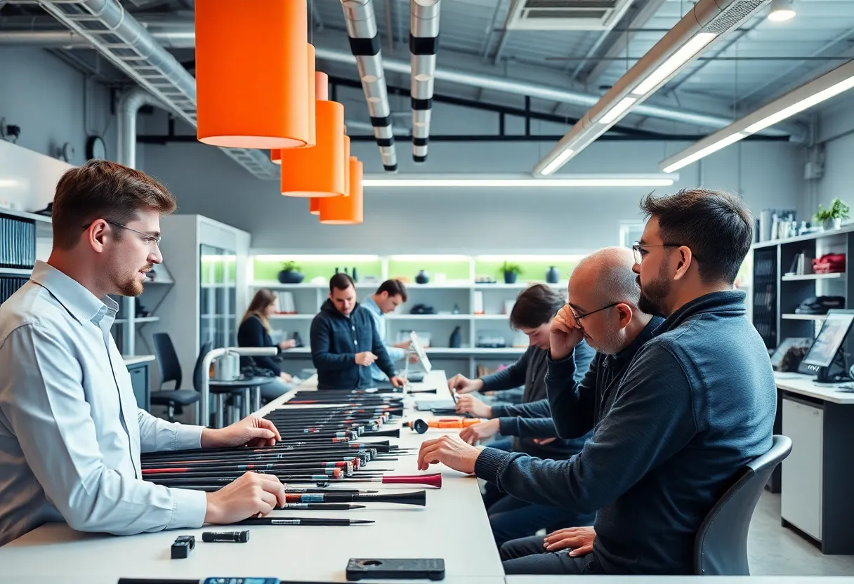 Interior view of UST Mamiya's golf shaft innovation lab with engineers at work.