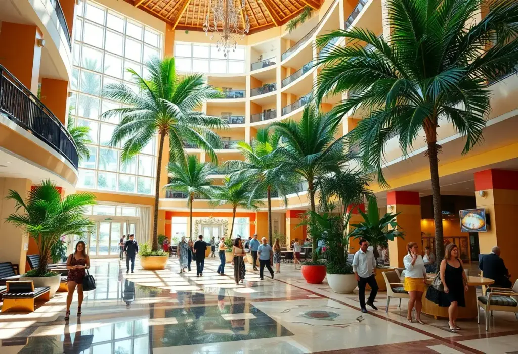 A lively hotel lobby filled with guests and tropical decor