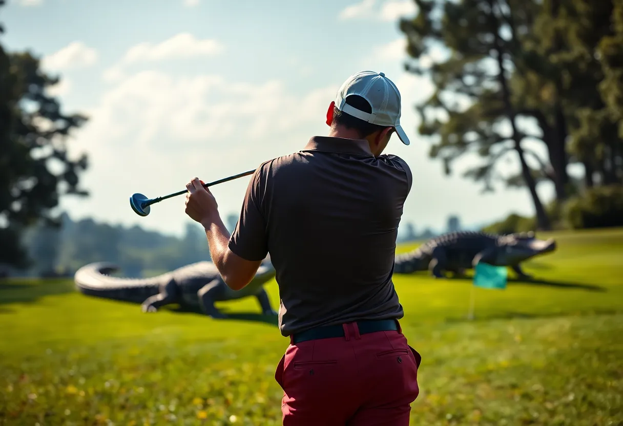Golfer making a shot with alligator in the background at Sanderson Farms Championship