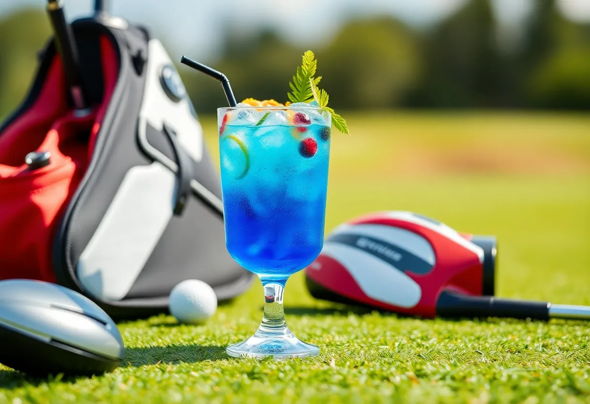 Vibrant Water Hazard cocktail on a golf course
