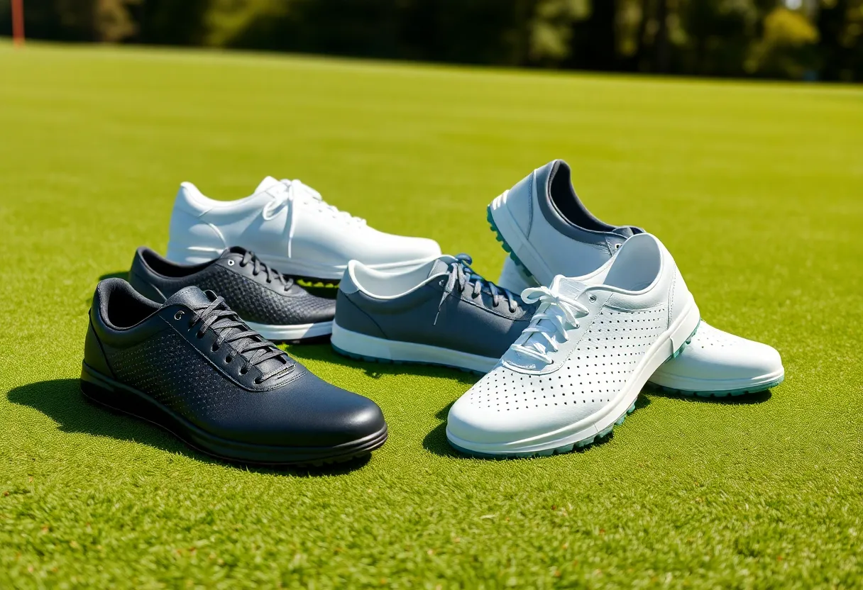 A variety of women's spikeless golf shoes displayed on a golf course