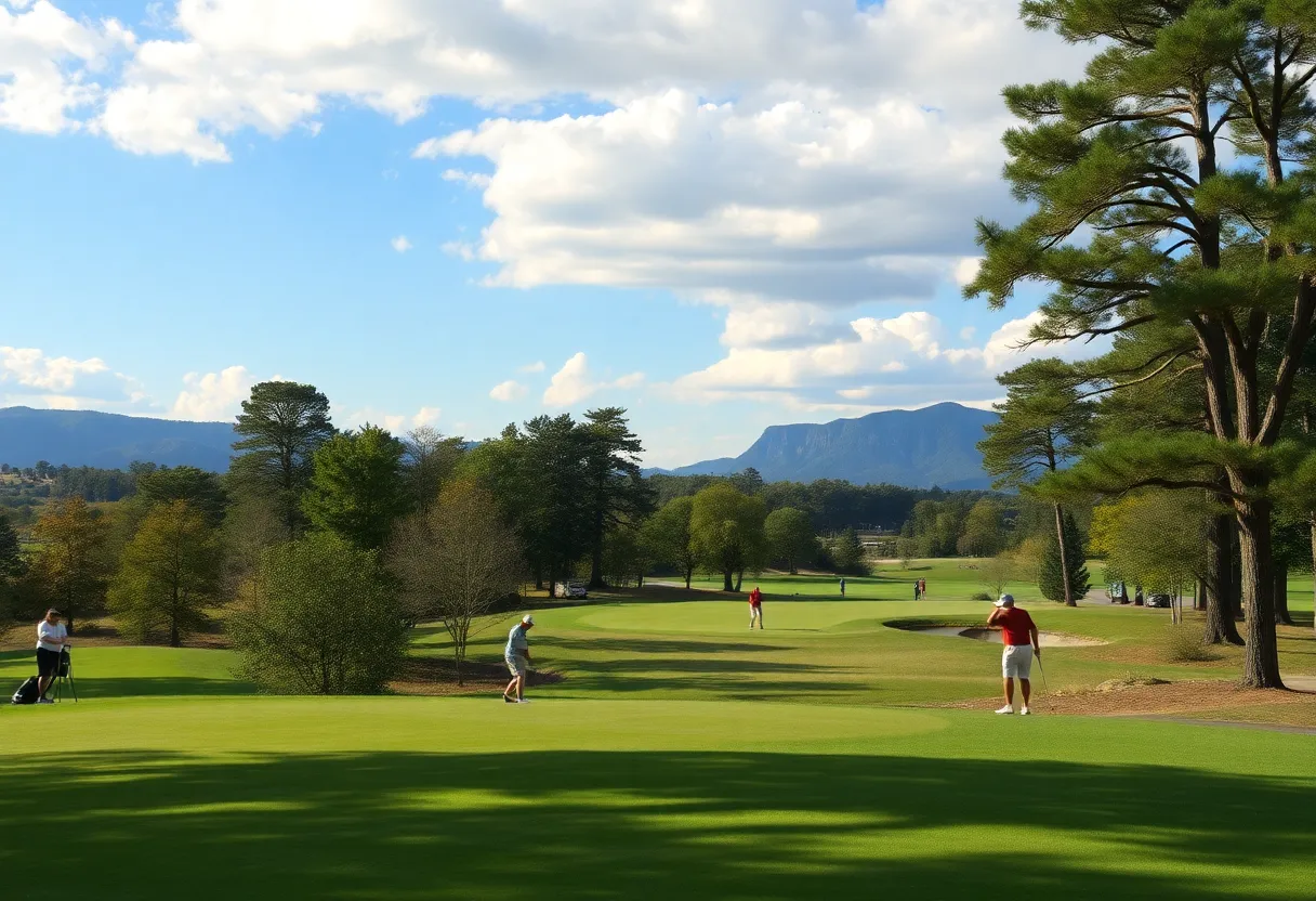 Golfers competing on a scenic golf course during a tournament