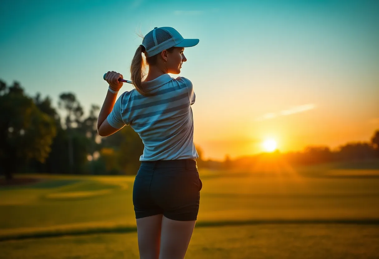 Young female golfer practicing swing on a scenic golf course
