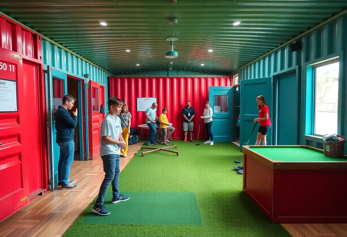 Youth engaging in golf activities at a clubhouse made from shipping containers in India