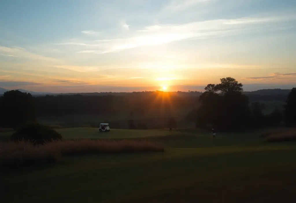 Scenic view of the Abu Dhabi HSBC Championship golf course at sunset.