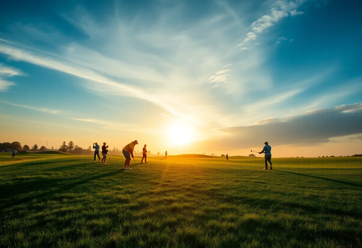 Golf tournament scene with players on the course.