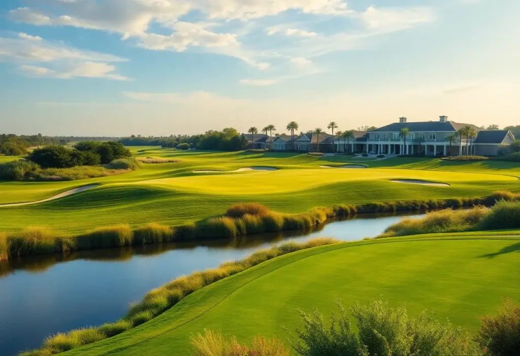 Aerial view of Al Mouj Golf Course showcasing green turf and water management systems.