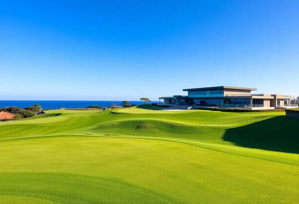 Scenic view of a golf course in Algarve with ocean backdrop