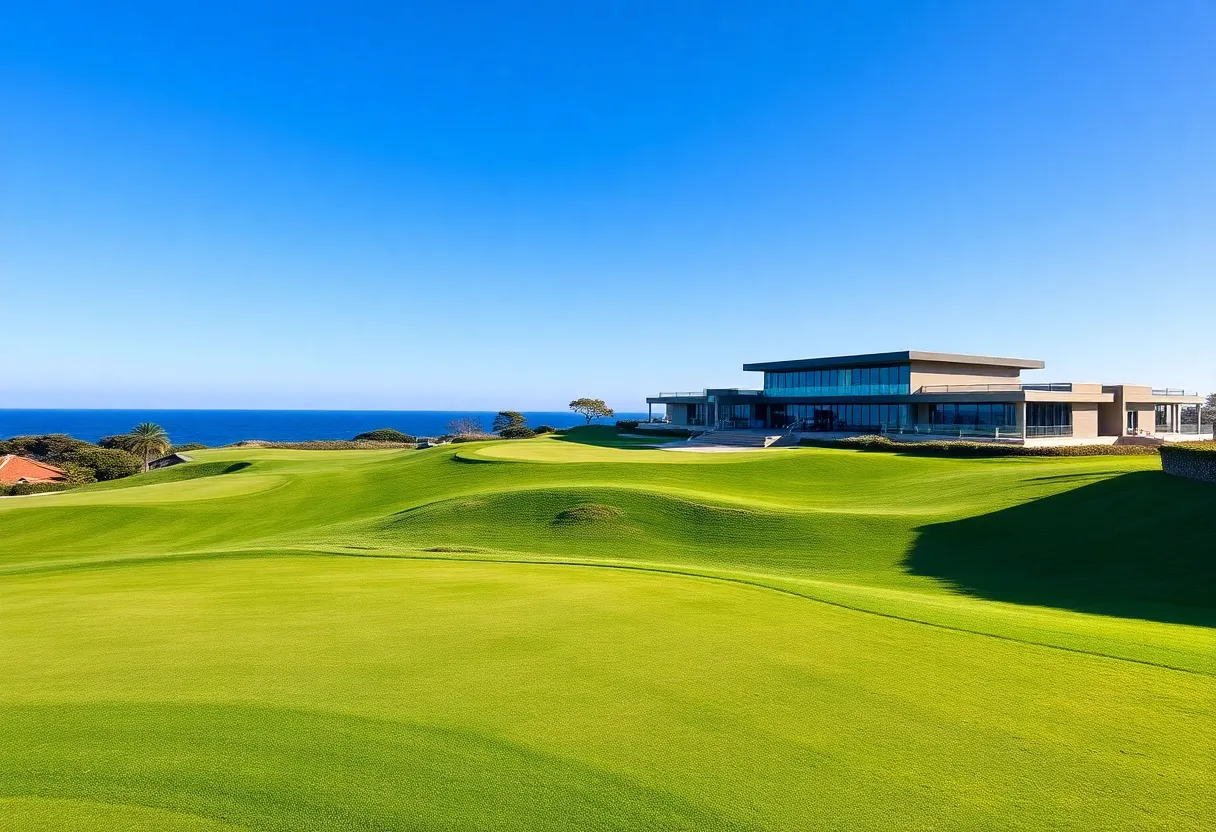 Scenic view of a golf course in Algarve with ocean backdrop