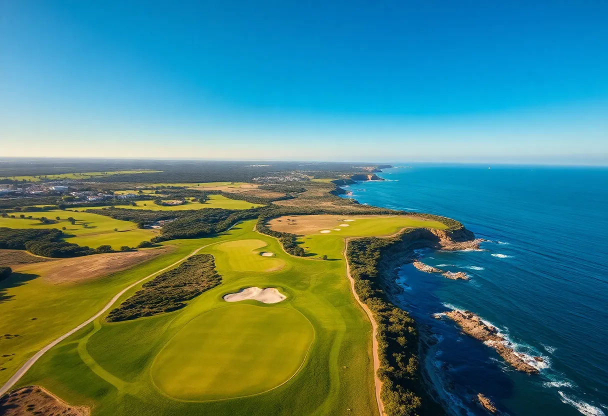 Aerial view of a golf course in Algarve, Portugal.