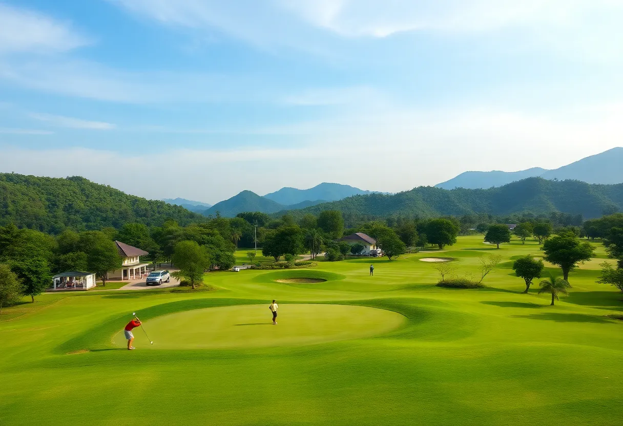 Scenic view of Ba Na Hills Golf Club, Central Vietnam, with golfers on the course.