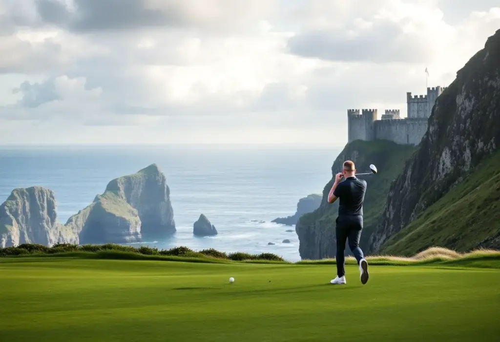 View of Bamburgh Castle Golf Course with coastal cliffs