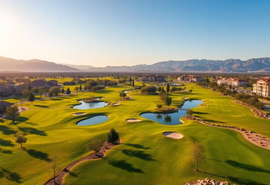 Aerial view of a beautiful golf course with lush greenery and scenic vistas.