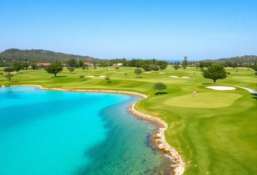 Scenic view of a Belek golf course with turquoise waters and golfers.