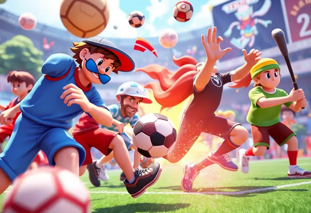 Various sports RPG characters engaging in gameplay.