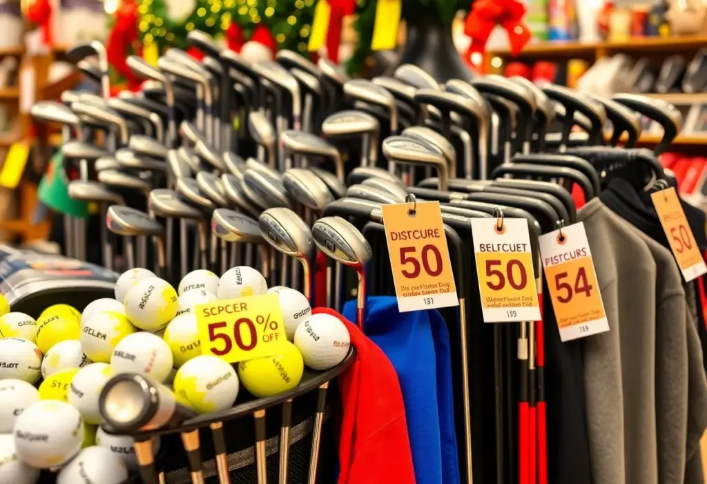 Display of golf clubs and equipment on sale for Black Friday
